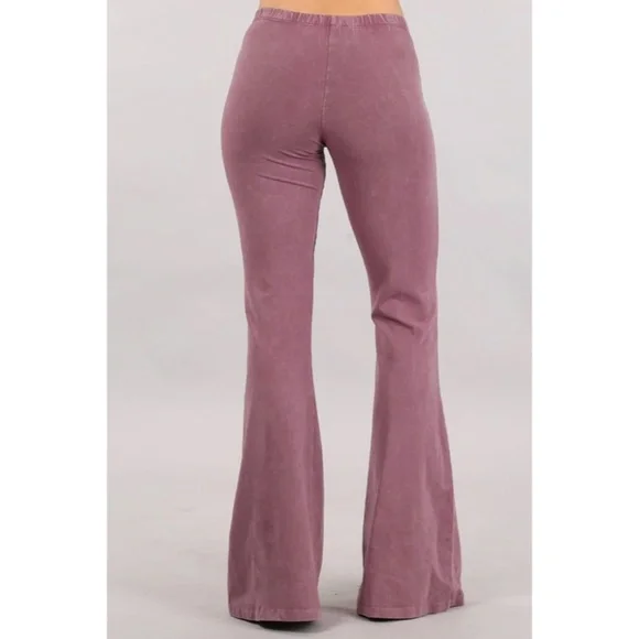 Dusty Rose Boho Mineral Wash Stretch Flared Bell Bottom Casual Pants - Picture 3 of 6